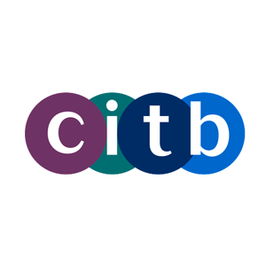 a logo with white text and blue circles showing the citb accreditation