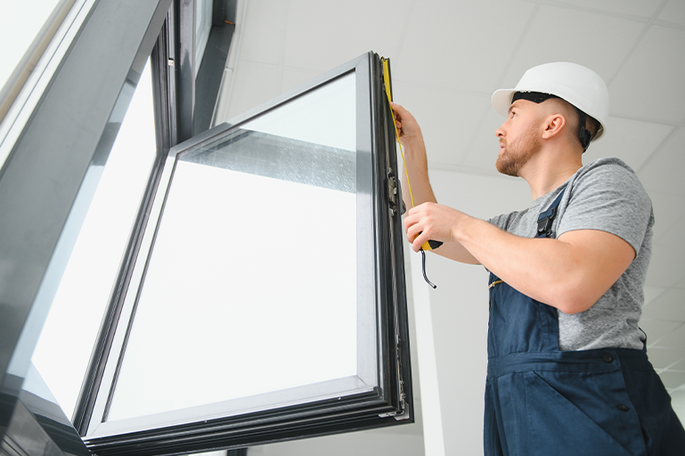 Window installer wearing blue overalls and a hard hat, holding a tape measure, and measuring the window
