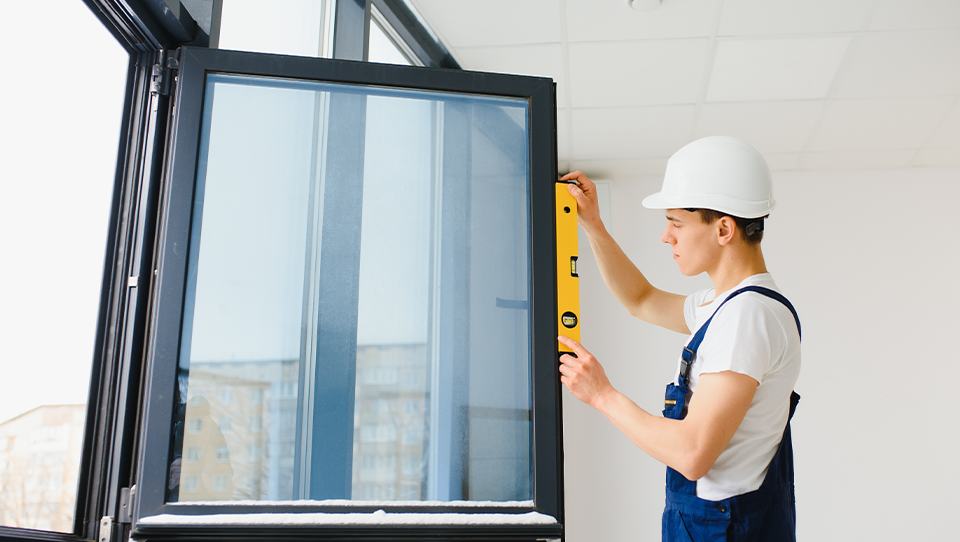 A young construction worker wearing a white hard hat and overalls is using a yellow level to check the alignment of a large black framed window in a bright, well-lit room. The background shows a cityscape visible through the window